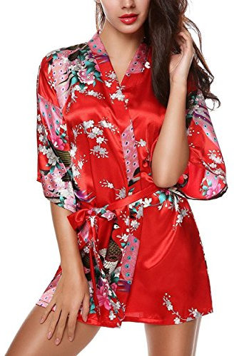 E-darter Paon Cardigan Robe de chambre - Satin Soyeux Peignoir Court Kimono Soie Femme ,S,Rouge