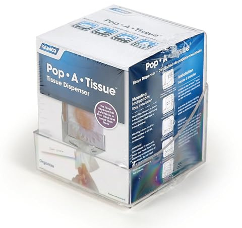 Camco Pop-A-Tissue- Tissue Box Holder- Mounts to Walls and Cabinets, Dispenses Tissue and Holds Tissue Boxes Upward or Downward- Perfect for RVs and Trailers, Easy Install - Clear (57101)