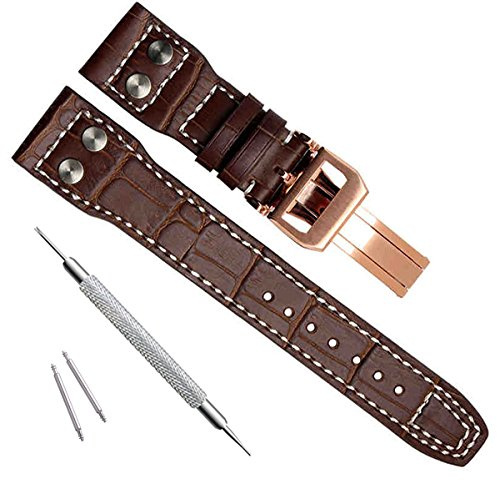 Uhrenarmband aus echtem Leder, 22 mm, passend für IWC-Pilotenuhren., Goldene Schnalle / Braun