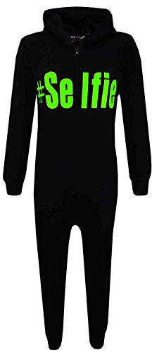 A2Z 4 Kids Girls Onesie #Selfie Hooded Soft Feel Fluffy Cozy Loungewear Comfortable - Cotton Onesie #Selfie Black & Green 7-8