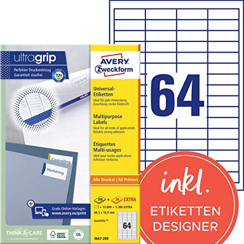 AVERY Zweckform 3667-200 Universal Etiketten (12.800 plus 1.280 Klebeetiketten extra, 48,5x16,9mm auf A4, Papier matt, individuell bedruckbar, selbstklebende Aufkleber mit ultragrip) 220 Blatt, weiß