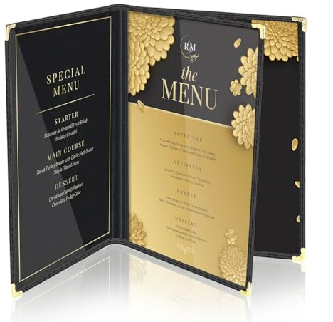 Flexzion Restaurant Menu Covers 8.5 x 11 Inch (1 Pack) - Book Style Bar Menu Holder with 3 Page 6 View - Transparent Clear Menu Book Covers with Gold Metal Corner for Restaurant, Hotel, Cafe
