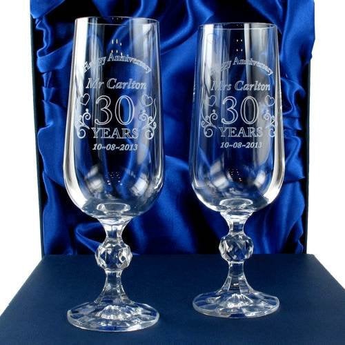 Engraved 30th Anniversary Crystal Champagne Flutes, Personalised 30th Anniversary Keepsake, Pearl Wedding