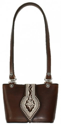 Trachtentasche Tasche Handtasche Federkiel-Optik Jagd Hirsch Ledertasche Schultertasche mit Riemen braun zum Dirndl oder Lederhose praktische Größe Handarbeit Made in Austria