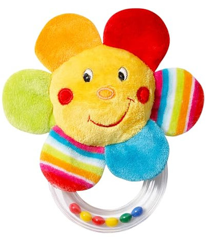 Fehn Rasselring Spielzeug Blume - Motorikspielzeug Greifling zum Rasseln, Fühlen, Spielen - Kuscheltier Babyspielzeug mit kuschelweichem Stoff - Spielzeug für Babys & Kleinkinder ab 0+ Monaten
