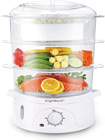 Aigostar Fitfoodie 30CFO - Vaporera Eléctrica 9L Capacidad, 800 W, Libre de BPA, Temporizador hasta 60 Minutos. 3 Recipientes Apilables, Cuenco para Preparar arroz. Diseño Exclusivo