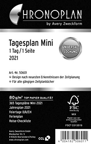 Chronoplan 50601 Kalendereinlage 2021, Tagesplan Mini (79x125mm), Ersatzkalendarium, ideal für detaillierte Tagesplanung, Multilochung (1 Tag auf 1 Seite), weiß