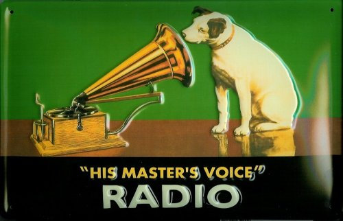 Buddel-Bini Versand Blechschild Retro Schild His Masters Voice Radio Hund 20 x 30 cm gewölbtes Stahlblech 3-D Relief geprägt EMBALIT Einbrennlackierung Lange Lebensdauer Original lizensierte Replika