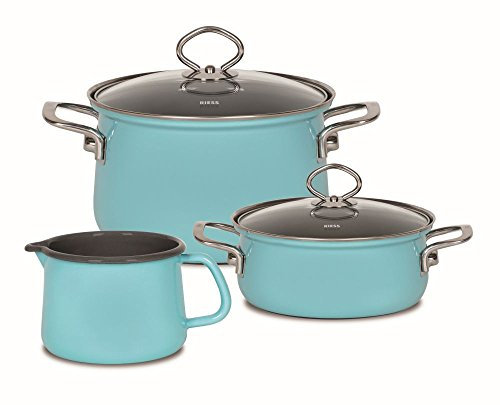 Riess, 0520-037, Starter-Set, Kochtopf-Set, NOUVELLE KRISTALLBLAU, 3-teilig, Fleischtopf 20 cm, Kasserolle mit Glasdeckel 16 cm, Schnabeltopf 12 cm, Topfset, Kochtopfset, Kochgeschirr