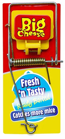 The Big Cheese Fresh Baited Mouse Trap, Kills Mice with Spring Mechanism, Ready-To-Use, Plastic Coated Wood for Easy Cleaning, Indoor and Outdoor Use, Yellow