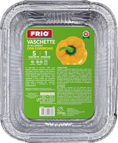 FRIO – 5 Aluminium-Einwegschalen mit Deckel 14,5x12x5 cm | Hitzebeständig & Gefriergeeignet | Perfekt für Einzelportionen, Meal Prep, Take-away, Catering, Arbeit, Schule & Reisen