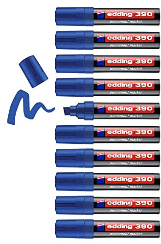 edding 390 permanent marker - blue - box of 10 - wide chisel nib 4-12 mm - waterproof, quick-drying - multi-purpose marker, universal pen - for cardboard, plastic, wood, metal, glass, pebbles, canvas