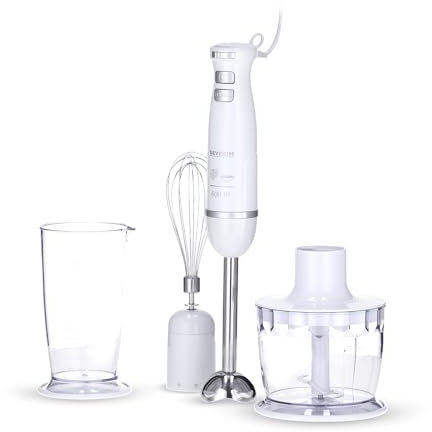 SEVERIN SM 3798 Juego de Batidora de mano, incluso recipiente con tapa, varilla batidora, picadora y soporte de pared, 600 W, Acero inoxidable y Blanco
