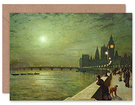 Wee Blue Coo JOHN ATKINSON GRIMSHAW REFLECTIONS ON THAMES 1880 BLANK GREETINGS CARD