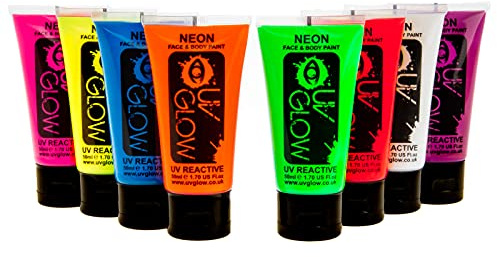 UV Glow Lot de 8 grand 50ml tubes de peinture fluorescente pour le visage et le corps 8 x 50 ml
