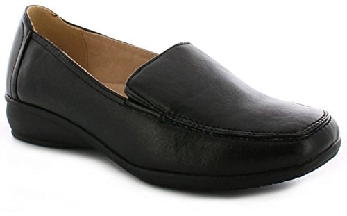 DR KELLER WOMENS WIDE FITTING SHOES LADIES LIGHTWEIGHT MOCCASIN FLAT LOW WEDGE FIT COMFORT SMART CASUAL FORMAL OFFICE WORK LEATHER LINED LIGHT WEIGHT LOAFER WIDER FIT SLIP ON SHOE (Black, Size 3UK)