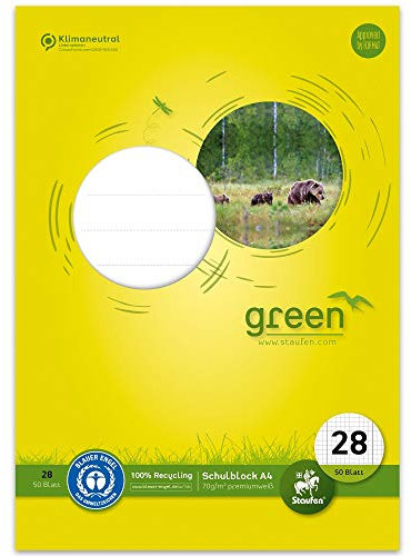 Staufen Green Schulblock - DIN A4, Lineatur 28 (5mm kariert mit Randlinien), 50 Blatt, 4-fach Lochung, premiumweißes 70g/m² Recyclingpapier, 1 Stück