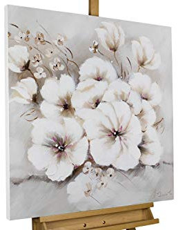 KunstLoft Leinwandbild | 100% HANDGEMALT | 80x80cm | Gemälde 'Reinheit der Blumen' | Blüten | Weiß Beige | Wandbild Wohnzimmer