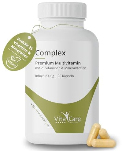 VitaCare Complex, 90 Kapseln hochdosiertes Multivitamin-Präparat, mit 25 Vitaminen & Mineralien, Nahrungsergänzungsmittel zuckerfrei & laktosefrei