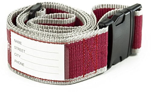 HAUPTSTADTKOFFER – Gepäckgurt mit Adressfeld | Verstellbarer Koffergurt mit Steck-Klippverschluss I Gepäckband mit Adressfeld für Koffer, Taschen, Rucksäcke, längenverstellbar von 100 auf 200 cm I Rot/Grau