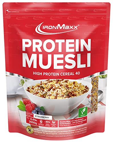 IronMaxx Protein Muesli – Muesli Protéiné Végétalien – 48% de Protéines – Sans Lactose et sans Gluten – Pour Sportifs – Goût Fraise – 1 x paquet de 2 kg