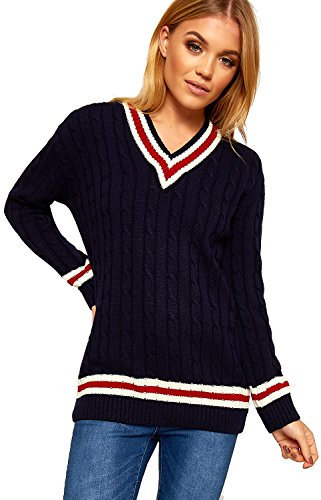 WearAll Ladies Knitted V Neck Cable Cricket Jumper Long Sleeve Womens Striped Top Navy Blue 12/14
