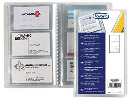 Favorit 100460554 Porta Biglietti da Visita, Copertina con Tasca Personalizzabile, 20 Buste Fisse a 3 Tasche Formato 6X10(X3), Trasparente
