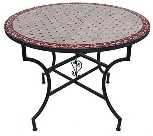 Saharashop Orientalischer Mosaiktisch Rund Ø 100 cm Tawriq Bordeaux-Natur, Terrassentisch, Gartentisch, Mediterraner Fliesentisch, Beistelltisch-Handarbeit, Balkontisch Bistrotisch Kaffeetisch