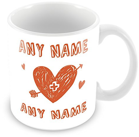 Love Heart with Names Personalised Mug - Add Names - Customised Present for Boyfriend, Girlfriend, Wife, Husband - Red