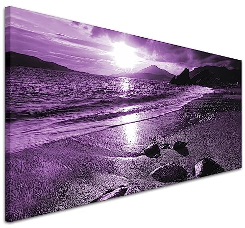 Wallfillers Purple Beach Sunset Canvas Pictures - Modern Seascape Wall Art