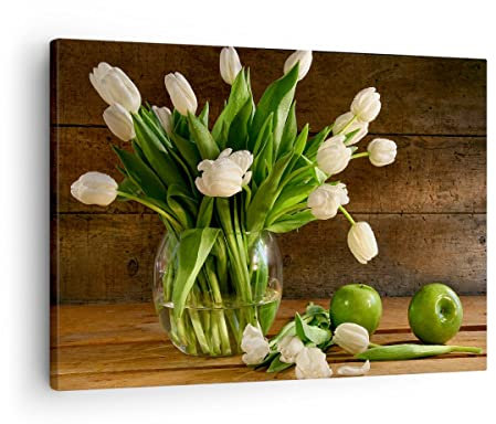Bilder auf Leinwand Tulpen Apfel Blumenstrauß Frühling Leinwandbild 70x50cm Wandbilder Dekoration Wohnzimmer Schlafzimmer Deko Klein Wanddeko Bild Wand Kunstdruck Art Wall Decor Canvas AA70x50-2629