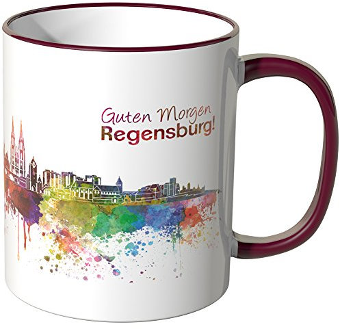 WANDKINGS® Tasse, Schriftzug Guten Morgen Regensburg! mit Skyline - Bordeaux