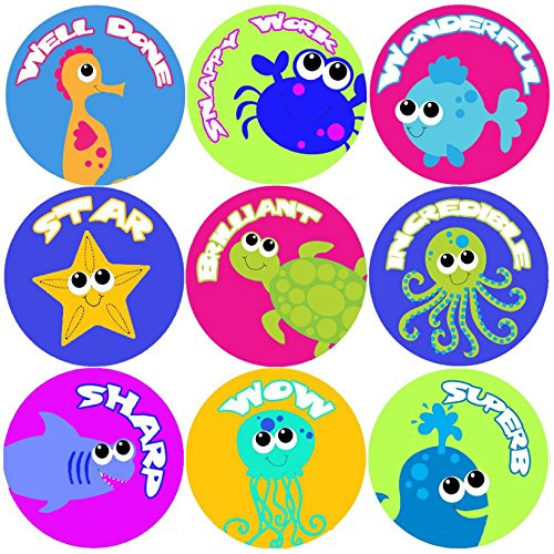 144 Sea Life Creatures Praise Words 30mm Reward Stickers for Teacher, Parent