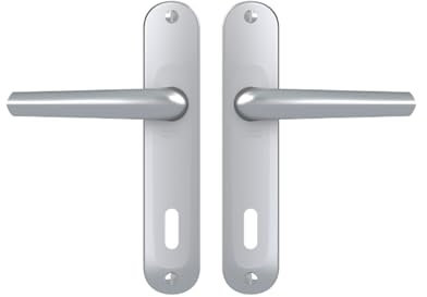 Vachette Set de Poignée de Porte sur Petite Plaque MONDIAL - Version Clé L Porte de Chambre et Bureau - Entraxe 165 mm - Système de Pose Facile - Garantie 10 ans - en Aluminium anodisé Argent