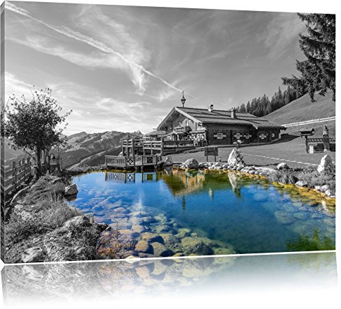 Pixxprint wunderschönes Haus in den Alpen B&W, Größe: 120x80cm, Leinwandbild, fertig gespannt, Wandbild, Dekoration, Kunstdruck, kein Poster