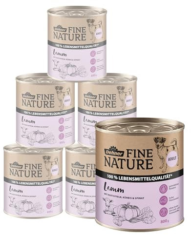 Dehner Fine Nature Hundefutter, Nassfutter getreidefrei / zuckerfrei, für ausgewachsene Hunde, Lamm / Kartoffel, 6 x 800 g Dose (4.8 kg)