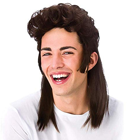 Wicked Costumes Brown 80s Mullet Wig for Men, Adult Rocker Fancy Dress | Brown mullet wig with a layered top and long back for 1980s rockers, musicians, retro parties and adult fancy dress.