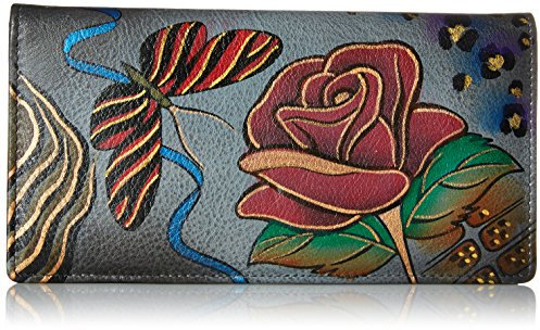 Anna by Anuschka Damen Clutch aus Echtem Geldbörse, handbemalt, Leder, Druckknopfverschluss, Rosa, Grau, Einheitsgröße, Rose Safari Grey