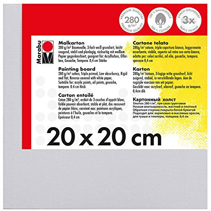 Marabu 1620000000200 - Malkarton weiß, ca. 20 x 20 cm, Kartonstärke ca. 0,4 cm, mit 280 g/qm Baumwolle kaschiert, 3 fach grundiert, leicht saugend, für Acryl-, Öl-, Gouache- und Temperafarben