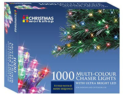 The Christmas Workshop 86350 1000 Multi-Coloured LED Chaser Christmas Lights / Indoor or Outdoor Fairy Lights / 69.9 Metres / 8 Light Modes / Great For Christmas, Weddings & Gardens