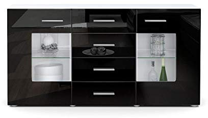 Vladon Buffet Dressoir Grömitz V1, Corps en Blanc Mat/Façades en Noir Haute Brillance (139 x 72 x 35)