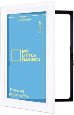 My Little DaVinci A3 White Wooden Picture Frame, Front Opening Art Frame with Storage for 50 Sheets, Wall Mounted Kids Artwork Display for Photos Drawings Home Decor