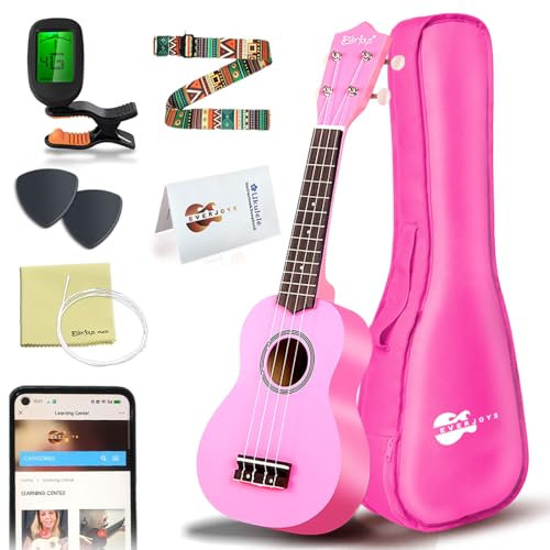 Everjoys Sopran Ukulele Set für Kinder und Erwachsene 21 Zoll Ukulele Starter Kit mit Tasche, Tuner, Songbook, Saiten, Pick, Kleine Hawaii Gitarre Pink