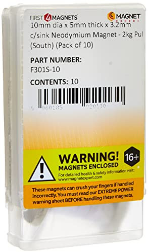 Neodym - Magnet Für Künste, Kunsthandwerk, Modellherstellung, Diy, Hobbys - 10mm Durchmesser x 5mm Dick x 3,2mm C/Waschbecken - 2kg Pull - South - Pack von 10