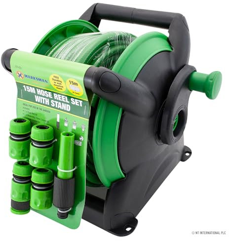 15M Garden Hose Pipe & Compact Wall Reel Fittings Set Standing Wall Mounted METRE New | Watering CAR WASH Home Patio Durable Strong Heavy Duty Long Lasting
