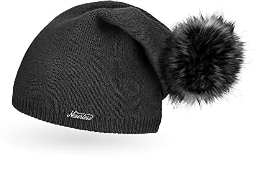 Neverless® außergewöhnliche Damen Strickmütze mit Fell-Bommel, Strick-Beanie dunkelgrau Unisize