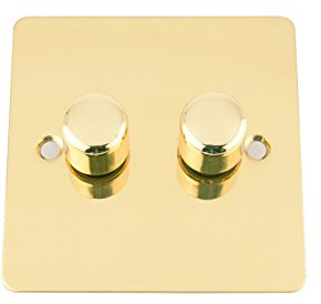 A5 Mains LED Light Dimmer Switch 250W 2 Gang 2 Way - Polished Brass - Flat Plate