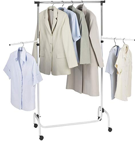Wenko 4383010100 Fahrbarer Kleiderständer, 2 Schwenkarme, verstellbar, 87 x 165 x 44 cm, weiß/silber (1 Stück)