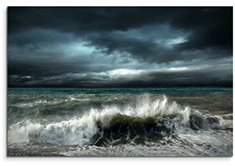 120x80cm Leinwandbild auf Keilrahmen Meer Ozean Wellen Sturm Gewitter Wolkenhimmel Wandbild auf Leinwand als Panorama