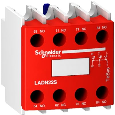 Schneider Electric, Auxiliary contact block, TeSys D, 2NO + 2NC, front mounting, screw terminals, red front face, LADN22S